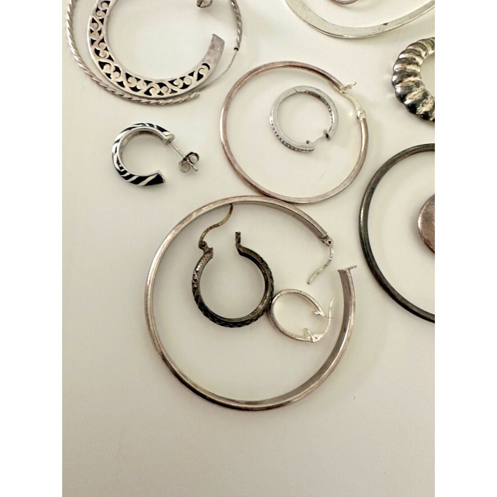 Sterling Silver SINGLE EARRINGS set 22 Hoops 925 Hinged Textured 52 grams - Picture 8 of 11